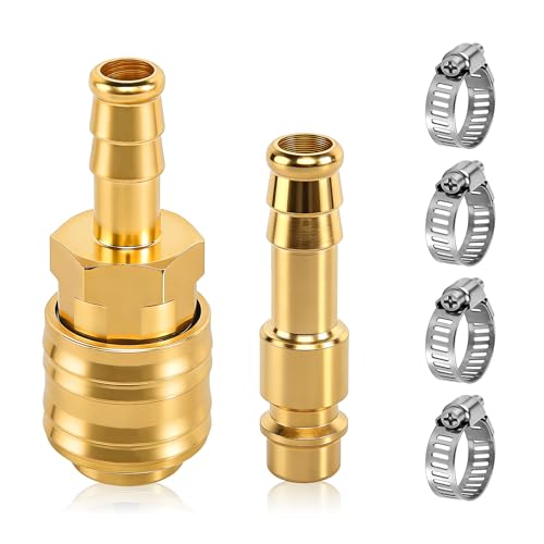 Druckluftkupplung Set Druckluftanschluss Verschraubungen aus Messing inkl 1x Einhandschnellkupplung mit 10 mm Stecktülle 4x Schlauchschelle für den Schnellen Anschluss von Luftleitungen
