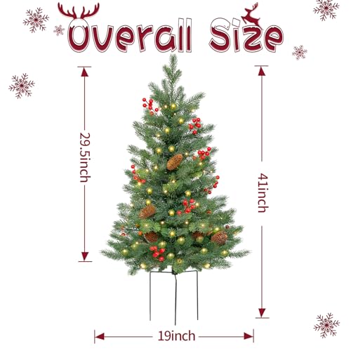 Enven 30 Inch Outdoor Christmas Tree 2 Set, Pre-Lit Mini Flocked Christmas Tree Artificial Pathway Xmas Tree 50 Led With Red Berries thumb #6