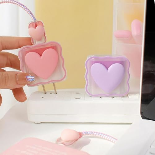 Image of ElectroGlimpse Charger Cable Protectors for iPhone Chargers 18W 20W Type C, 3D Cute Protective Case Cover Cartoon Style Fully Charger & Adaptor Protection Set-1 (Pink Heart)