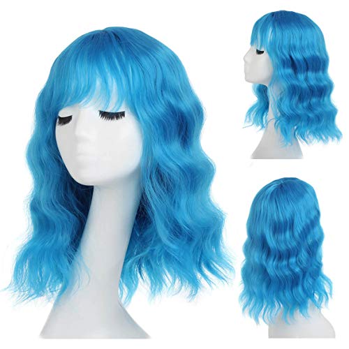 Leeven 14 Pouces Bleues Courte Bleue avec Frange Mode Perruque Naturelle Bouclée Synthétique Perruques pour Femme Party Cosplay/Azure Blue
