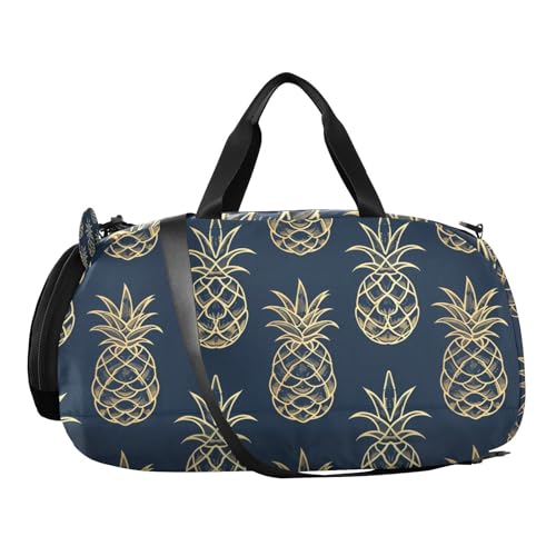 Travel Duffle Bag for Kids Boys Girls Gold Pineapple Blue Sports Bag Overnighter Duffle Sleepover Weekender with Shoes Compartment4