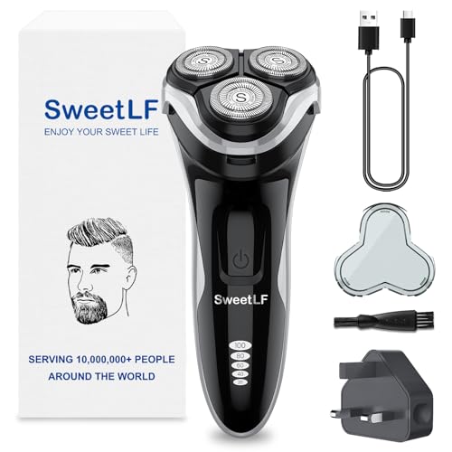 SweetLF Electric Razor for Men, 120 Min Shaving, Fast UK Adapter (1H Charging), 100% Waterproof, Wet & Dry Rotary Shavers for Men with Pop-up Trimmer, LED Display, Black