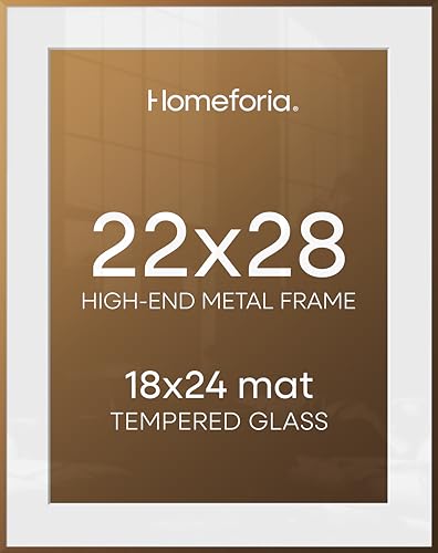 Image of Homeforia 22x28 Picture Frame Bronze, High End Metal 22 x 28 Large Poster Frames with Mat 18 by 24 Photo, 22x28 Brass Frame Matted to 18x24 Print, 28x22 Thin Frames, Tempered Glass, Wall Kit, Set of 1
