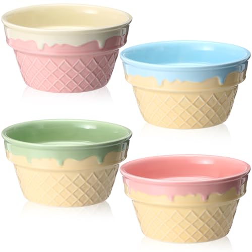 Honeydak 4 Pcs Ice Cream Ceramic Bowls 12 oz Waffle Ice Cream Cups Reusable Sundae Dessert Snack Containers for Summer Kid Adult Birthday Home Yogurt Soup Bar Party Supplies