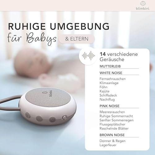 blimbini White Noise Machine Baby - Einschlafhilfe für Babys mit Nachtlicht - Regengeräusche zum Einschlafen, Meeresrauschen & Einschlafmusik - Sound Machine für unterwegs - weißes Rauschen Baby