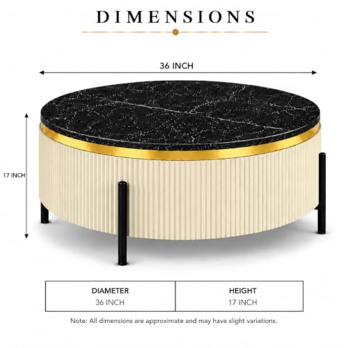 Image of WOODEN SPACE Premium Luxury Nazaara Marble-Top Coffee Table with Iron Legs & PVD Coating | Modern Round Wooden Center Table for Living Room & Entryway