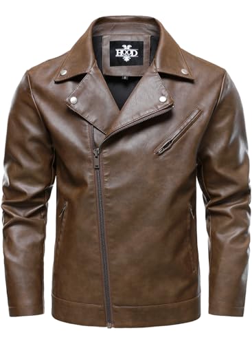 HOOD CREW Men’s Faux Leather Jacket Cool Motorcycle Lapel Biker Jackets Zip Up Riding Coat3