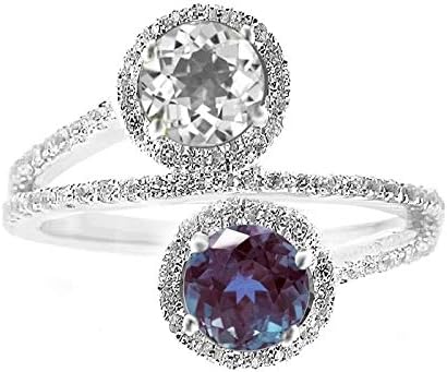 Women's 925 Sterling Silver with 1.70 CTTW Color Changing Alexandrite and White Topaz Two Stone Bypass Style Engagement Wedding Ring