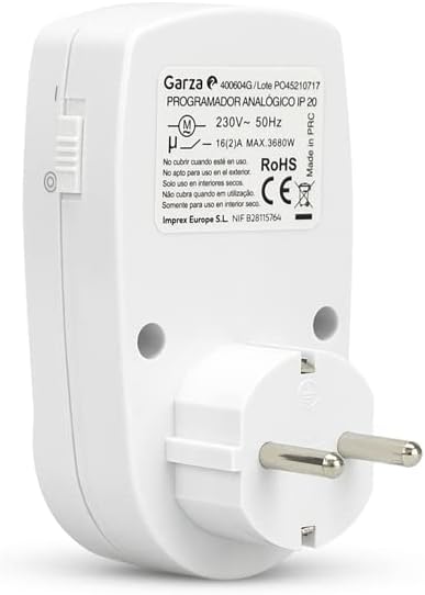 Back of the Garza Analog Indoor Timer showing product labels and specifications.