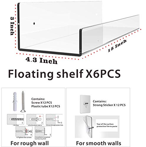 6 Pack Clear Acrylic Floating Wall Ledge Shelf,15" Wall Mounted Nursery Kids Bookshelf,Invisible Spice Rack,Nail Polish Rack And Vinyl Record Shelf,5Mm Thick Bathroom Storage Shelves Display #TOP1