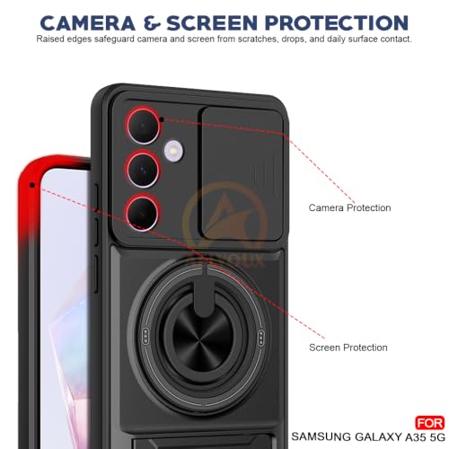 Image of Samsung A35 5G Back Cover | Armor Camera Slider 360 Degree Rotating Finger Ring Holder Case with Bracket Stand Back Case Cover (Compatible with MagSafe Accessories) (Black)