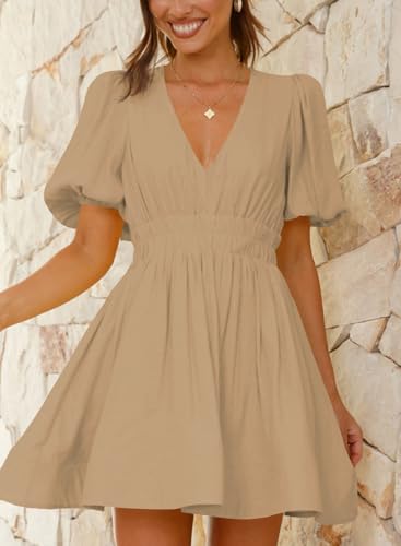 Image of Outfeel Women 2025 Summer Mini Dress Puff Short Sleeve Sexy V Neck A Line Elastic High Waist Flowy Swing Dresses