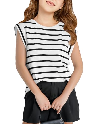 Image of Haloumoning Girls Cap Sleeve T Shirts Summer Striped Tank Tops Tees 4-14 Years