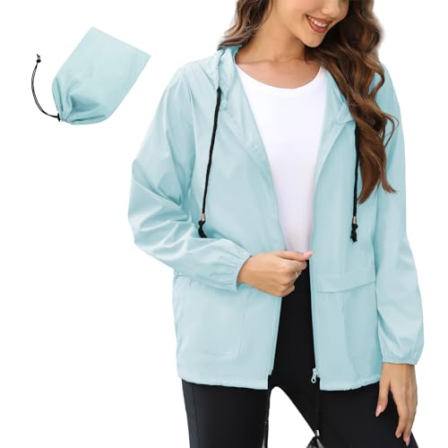 Damen Regenjacke Wasserdicht Outdoorjacke Leicht Faltbar Regenjacke Softshelljacke Ultraleichte Regenjacke Fahrradjacke Outdoorjacke mit Kapuze Windbreaker Wasserdichte...