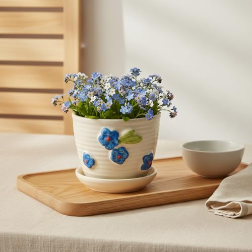 Image of Kraftlik Handicrafts Small Ceramic Planter with Attached Saucer | White Textured Mini Flower Pot for Succulents & Home Decor (Pack of 1)