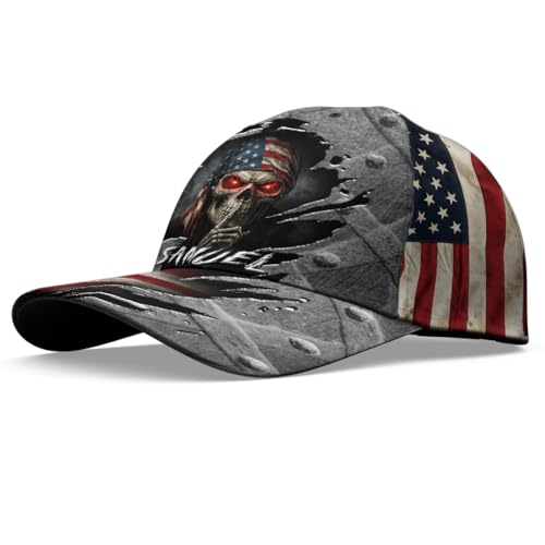 Image of Skull Baseball Cap for Men, Grim Reaper Death Crack Old Metal with Flag, Men's Hat, Adjustable Motorcycle Soft Caps