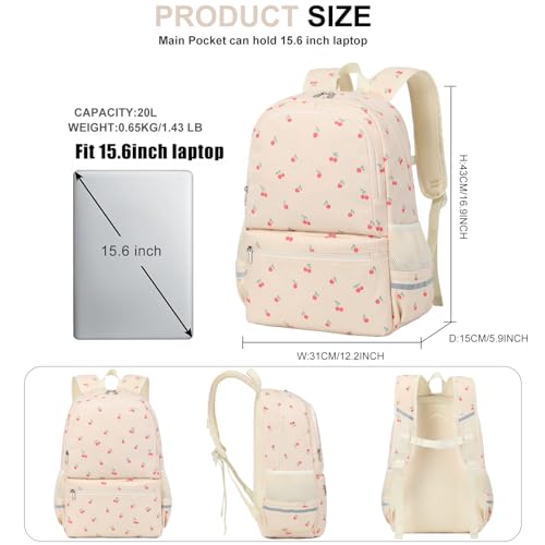 Octsky School Backpack for Teen Girls Cute Corduroy Kids Bookbag with Lunch Box Set, Beige/Cherry3