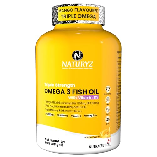Naturyz Mango Flavoured Triple Strength 2500 Mg Omega 3 Fish Oil With Vitamin D3|Highest Strength 2000 Mg Omega 3 Per Serving (Epa 1200 Mg Dha 800 Mg) Deep Sea Fish Oil - 60 Capsules,1 Count