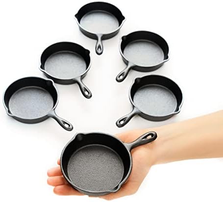 KUHA Mini Cast Iron Skillets 4” - 6-Pack of Pre-Seasoned Miniature Skillets - with 6 Small Silicone Trivets and Cast Iron Scraper