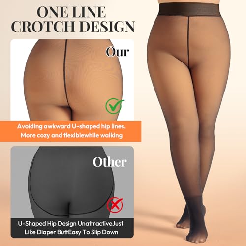 Image of WiliW Plus Size Fleece Lined Tights for Women, Sheer Winter Warm High Waist Thermal Tights Fake Translucent