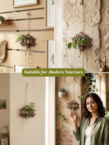 Image of Bombay Greens Hanging Lotus Planter with Wooden Holder & Rope | Test Tube Hanging Planter | Wooden Stand for Home Decor, Living Room, Balcony & Office Decoration - Lotus