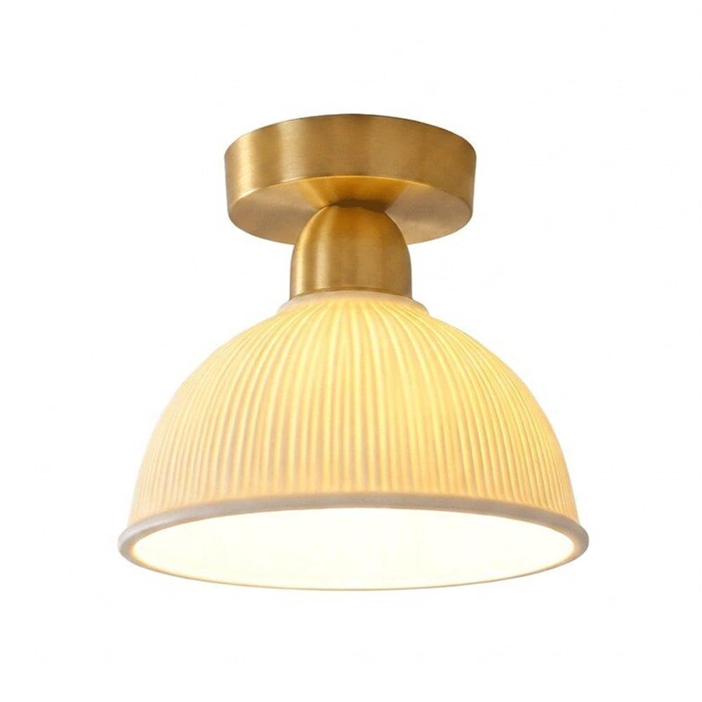 MESOVFCA Modern Ceramic Semi Flush Mount Ceiling Light Brass Base Ribbed Porcelain Shade Ceiling Lamp for Hallway Entryway Bedroom Aisle Kitchen 7 Inch Diameter Lighting Fixture E26 Base