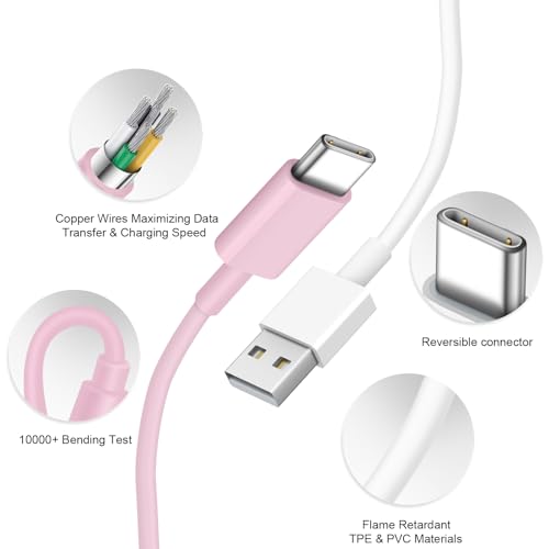 Image of USB to USB C Cable for iPhone 17 16 15 Type C Carplay 2Pack 5FT Cable Pink | Fast Charging Carplay Cable, USB C Carplay Cord Compatible with iPhone 17 16 15