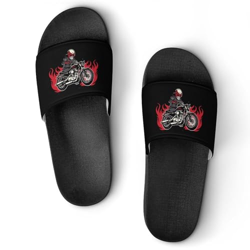 A Skull on Motorcycle Flames Non Slip Slides Sandals for Women Men Quick Drying Shower Shoes for Bathroom Pool Beach