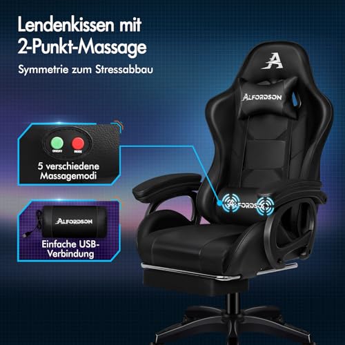 ALFORDSON Fotel gamingowy, fotel biurowy z podnóżkiem, 2-punktowe krzesło do masażu, obciążenie 180 kg, oparcie regulowane 90-150°, ergonomiczne krzesło PC, obracane o 360°, czarne