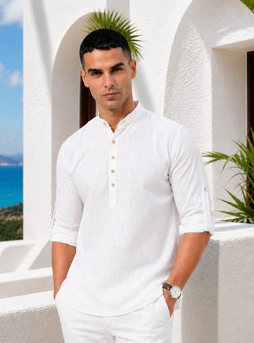 Image of Majestic Man Men's Pure Cotton Solid Mandarin Collar Slim Fit Roll-Up Sleeves Short Kurta Lightweight Summer Kurta for Daily & Occasion Use