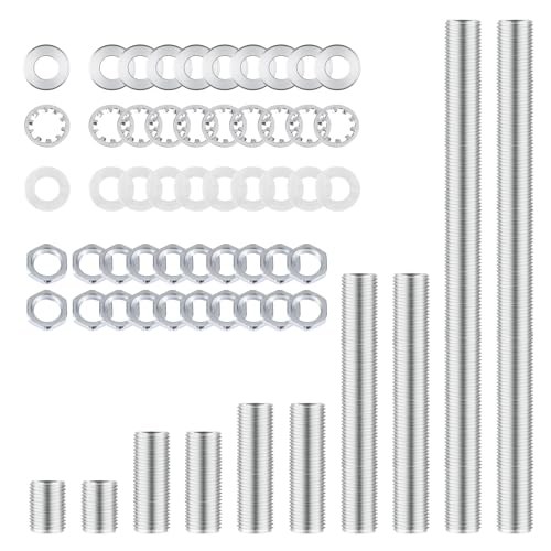 Image of Lamp Repair Hardware Kit-5 Size Thread Lamp Pipe Nipples,20 Lock Nuts,3 Type of Washers,Total 60 Pieces Lamp Repair Hardware Assortment Pack,Perfect for Assembly Lamp and Lamp DIY (Silver)