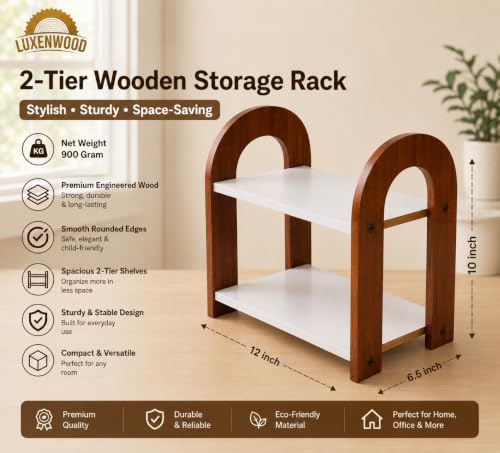 Image of 2 Tier Wooden Kitchen Counter Organizer Rack | Multipurpose Countertop Shelf for, OTG, Coffee Maker, Spice Jars & Kitchen Storage | Space Saving Stand | Brown & White | 12 x 10 Inch