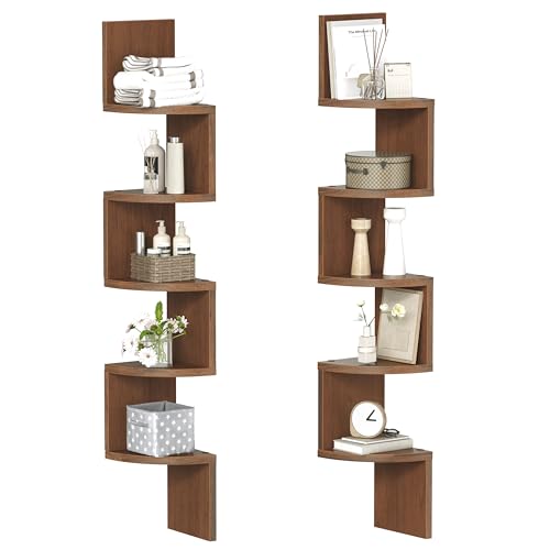 Image of HOOBRO Corner Shelf Wall-Mounted, Set of 2 Floating Corner Shelves for Wall, 5-Tier Corner Bookshelves for Living Room, Bedroom, Bathroom, Home Office, Walnut WL26BJP201