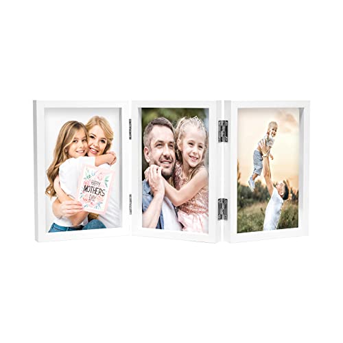 3 Picture Frame 4X6 Triple Hinged Mdf Wood With Glass Front Three Opening Photo Frame Stand Vertical On Tabletop, White #TOP11