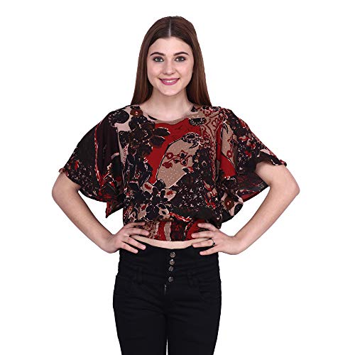 Image of POPWINGS Casual Batwings Sleeves Round Neck Floral Print Regular Multicolor Top for Women