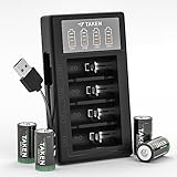 Taken 123 Batteries Lithium 4Pack Includes Charger, 3V 123A Rechargeable Batteries Cycle 2000+ Times for Flashlight, Smoke Detector, Glassbreak Sensor