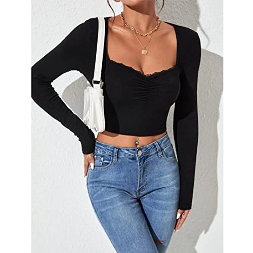 Image of GLARE & BLAIR Sweetheart Neck Lace Trim Long Sleeve Regular Fit Ribbed Tops for Women