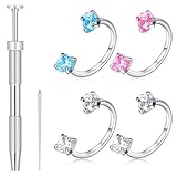 6 piercings de nariz de herradura para mujer, doble gema, herradura, herradura, nariz, aro con rosca interna y herramienta de agarre, cartílago, hélice, tragus, labret labio, piercing de labio