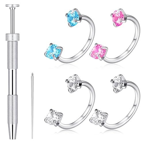 6Pcs Horseshoe Nose Ring Nose Stud for Women Double Gem Horse Shoe Noses Ring Hoop with Internal Threaded Piercing Taper and Grabber Tool Cartilage Helix Tragus Earring Hoop Labret Lip Piercing Jewelry
