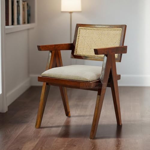 VeLivings Solid Sheesham Wood Arm Chair with Cushion and Cane Back Support Chair Living Room Bedroom Home Wooden Armchair Furniture Garden Balcony Outdoor & Indoor (Honey Brown)