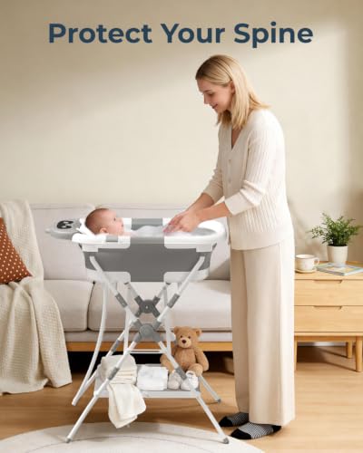 Image of 2-in-1 Baby Bath with Stand, Foldable Dinosaur Bathtub for Infant to Toddler, Portable Travel Tub with Soft Cushion for 0-18 Months, Gray