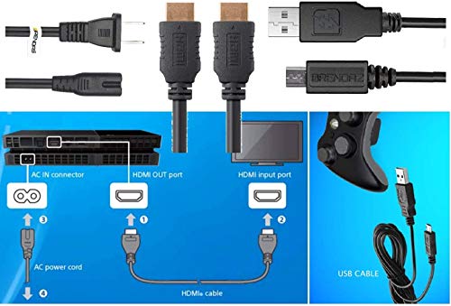 Brendez Replacement Set Of Cables,- Hdmi Cable With Ethernet Male To Male + Usb Cable + Power Cord Compatible With Sony Playstation 4 Pro And Playstation 4 Ps4 Gaming Console. (10-Feet) #TOP1