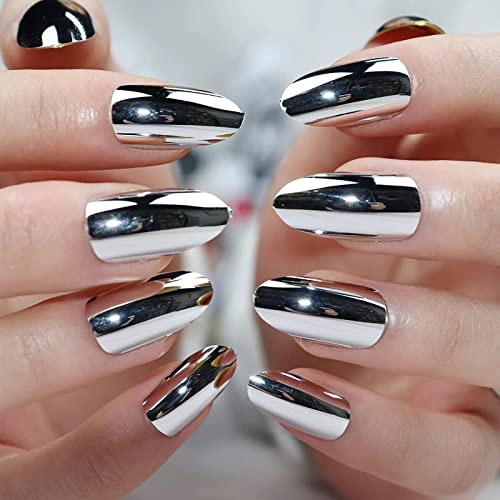 Sinhot Almond Press On Nails, Medium Fake Nails With Glue, Mirror Effect False Nails Long Oval Acrylic Nails Tips Glossy Nails Full Cover Manicure Art Nail Tips 24Pcs #TOP1