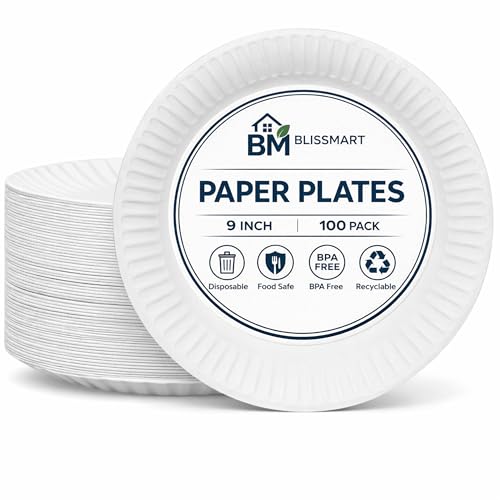 Paper Plates 100 Pack 9 Inch Disposable Plates for Party Birthday Picnic BBQ Biodegradable White Paper Plates Everyday Use Microwave Safe Recyclable Eco-Friendly (9inch 100pk)