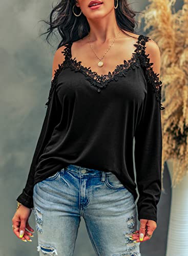 Dokotoo Fall Casual Cold Shoulder Tops For Women Lace Trim Hollowed Out Long Sleeve Sweatshirts T Shirt Women Off The Shoulder Sexy Halter Neck Top Pullover Tunic Blouses 2021 Fashion Black X-Large #TOP1