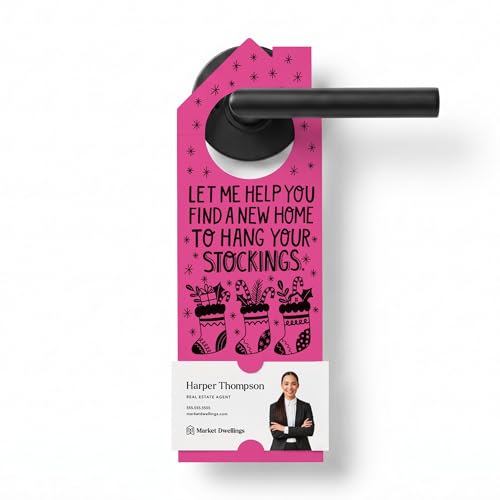 Market Dwellings Let Me Help You Find a New Home to Hang Your Stockings Door Hangers for Real Estate Agents, 10 Pack with Business Card Slot, 9.44 x 3.22 Inch, Holiday Family Farming, Razzle Berry