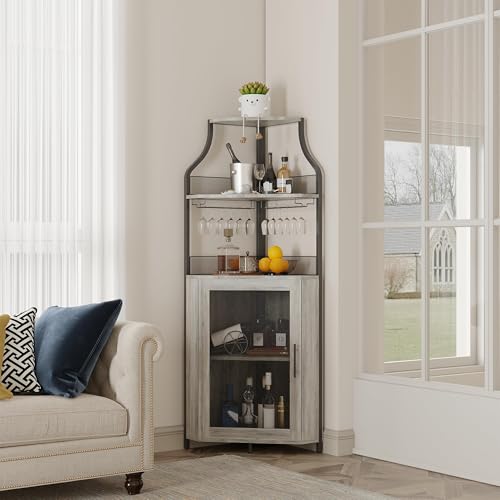 OUTGOODS Corner Bar Cabinet, 5-Tier Industrial Corner Wine Cabinet with Removable Glass Rack, Liquor Storage Cabinet with Adjustable Shelves, Home Bar with Glass Doors and Baffle, Grey with Light