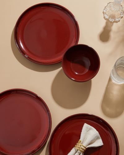 Image of Pokini Stoneware Dinnerware Sets for 4, 12pcs Plates and Bowls Sets Dishes | Reactive Glaze Ceramic Dish Set, Microwave & Dishwasher Safe, Highly Chip and Crack Resistant Dishware sets, Terracotta Red