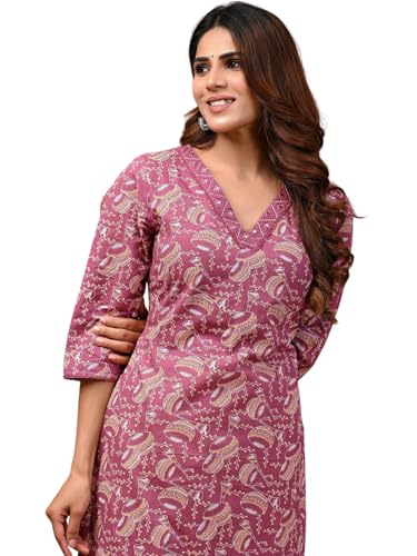 Image of Rimeline Women's Cotton Printed Kurta with Embroidered V-Neck Detail | Straight Fit Ethnic Wear for Casual, Office & Daily Use