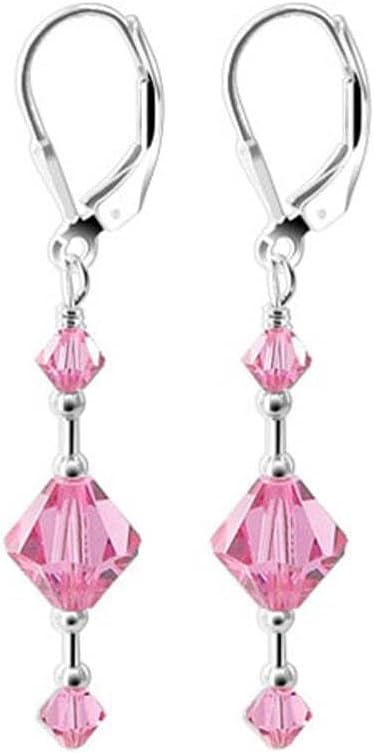 Handmade 925 Sterling Silver Leverback Dangle Earrings with 7mm and 3mm Bicone Austrian Crystals
